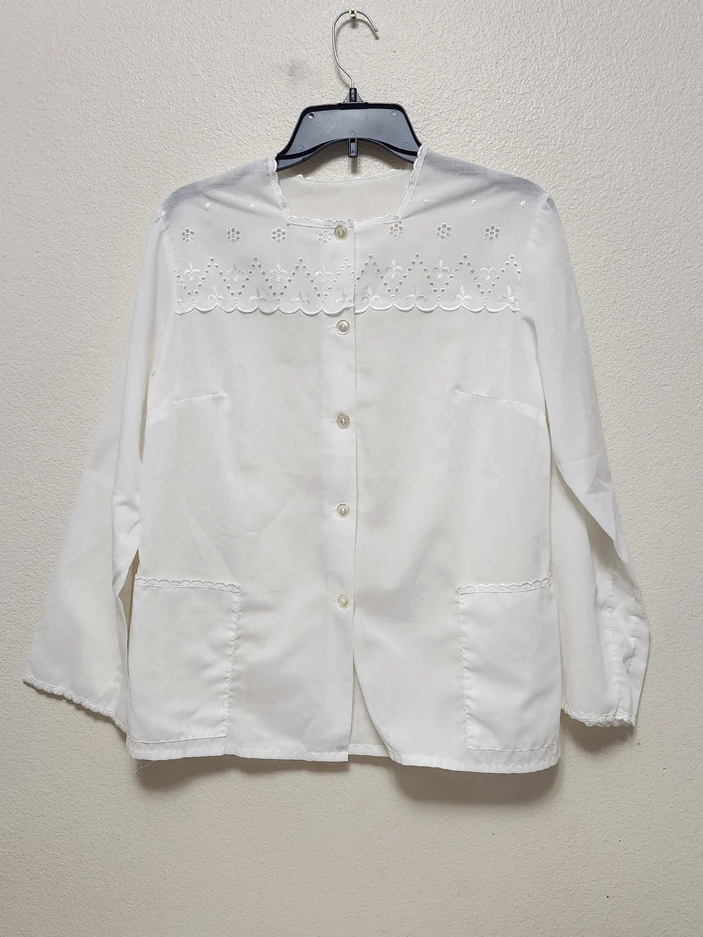 VTG 70s White Cotton Pajama Set M Embroidered Lace Eyelet Prairie Cottagecore